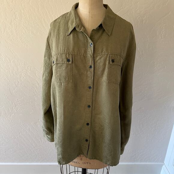 CHICOS Womens Silk Jacquard Linen Blend Shirt Size XL Button Front Long Sleeve - Picture 1 of 11